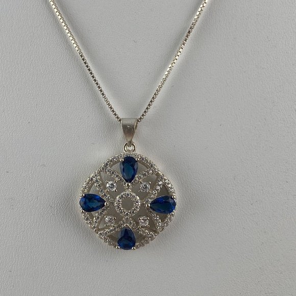 Art Deco retro Blue Sapphire & CZ's 925 Silvwer Pendant - Picture 2 of 4